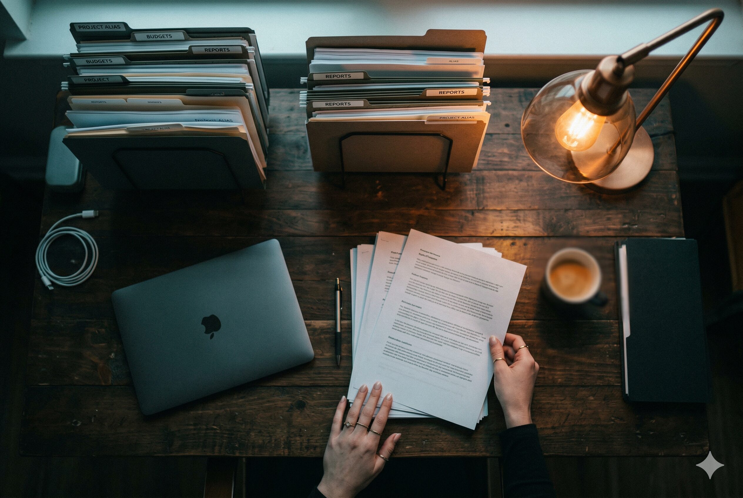 Due diligence preparation — neatly organised business documents and folders