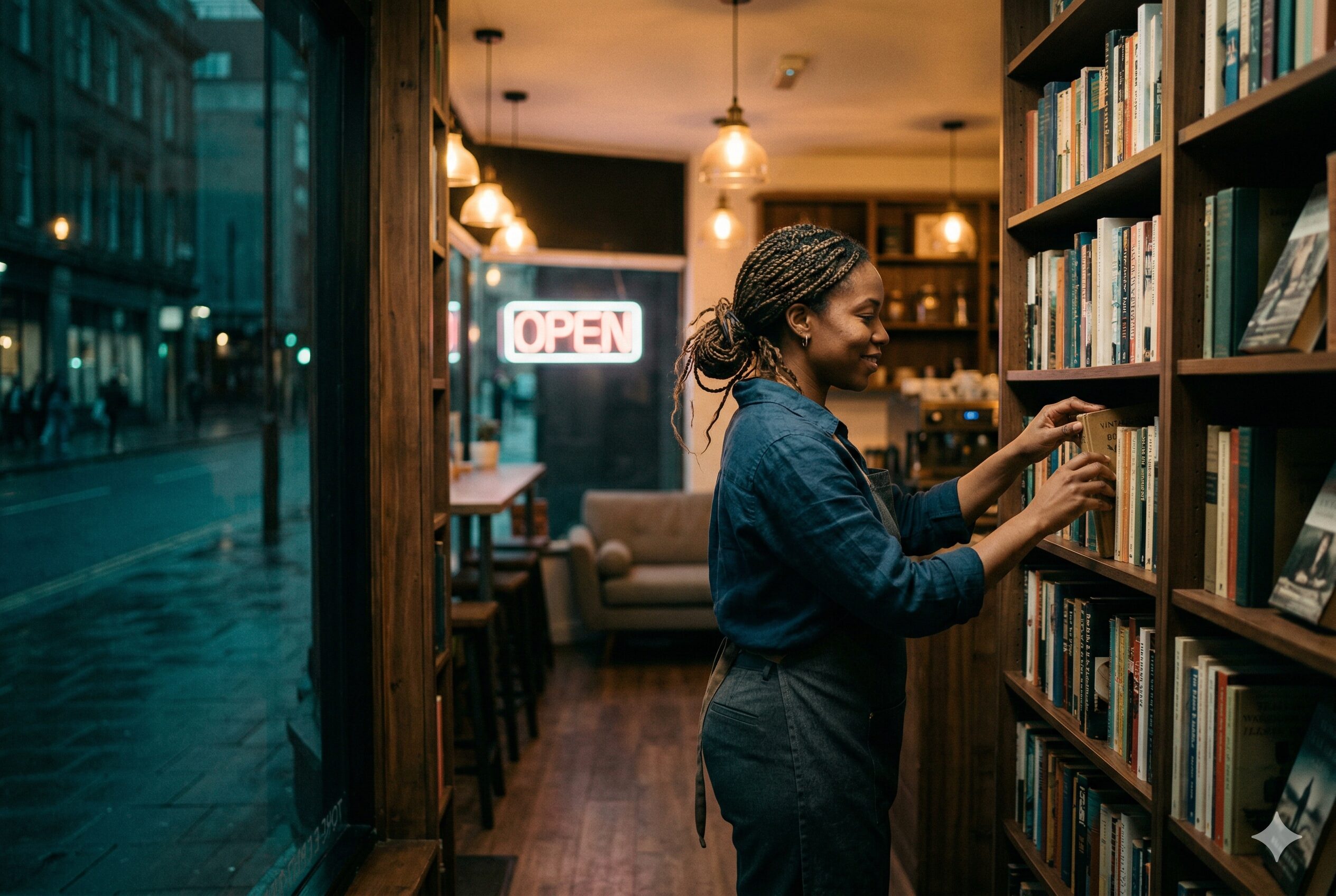 Small business owner preparing their business for sale, organising shop after hours