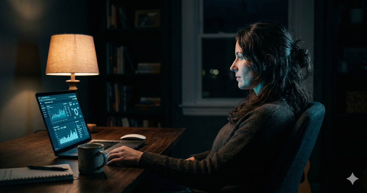 Woman reviewing business analytics on laptop in dark home office at night
