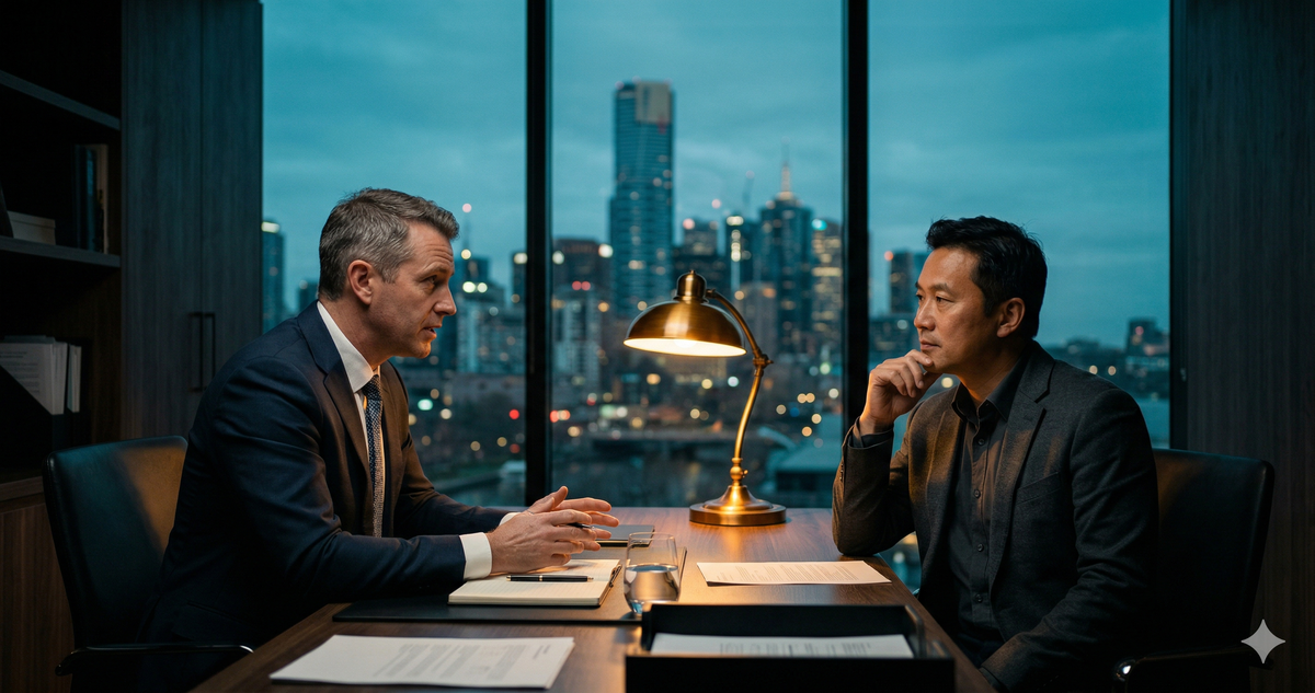 Financial adviser and business owner in a dimly lit office at dusk discussing exit strategy