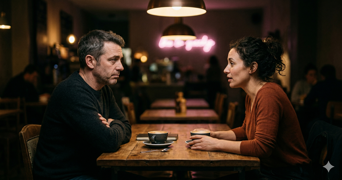 Two people in a tense but respectful conversation at a cafe table with pink neon glow in background