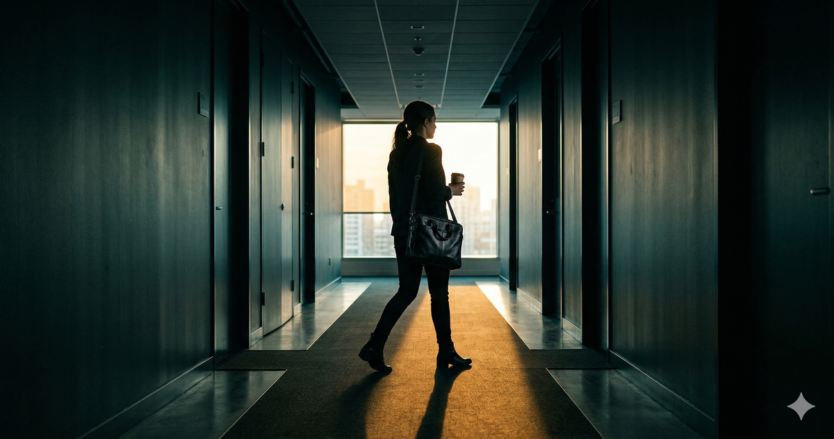 Young professional woman walking purposefully down a dark office corridor in early morning light