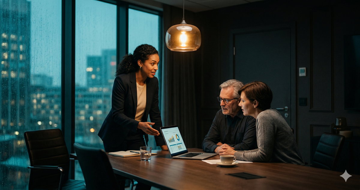 Adviser presenting to two clients in a dimly lit boardroom with teal rain on windows