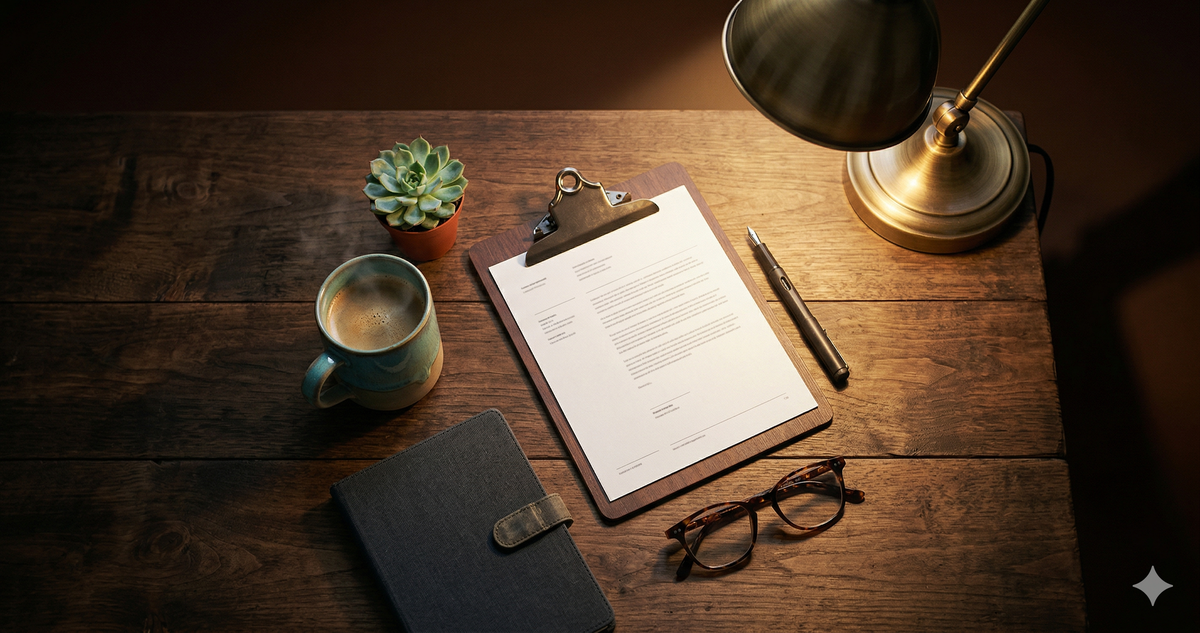 Overhead flat-lay of a dark wooden desk with clipboard, teal coffee mug, succulent, and reading glasses