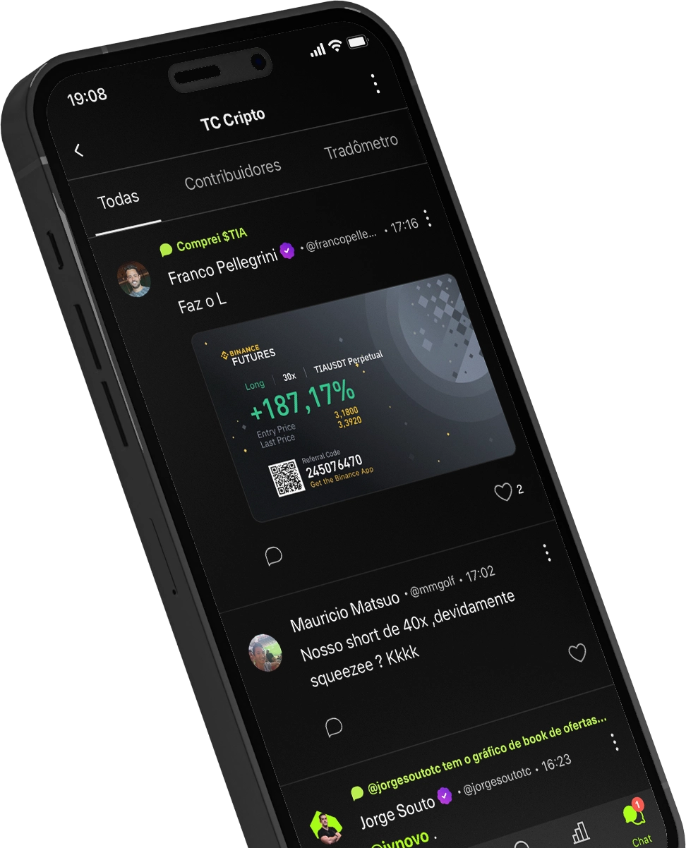 Foto de um celular flutuando com o App da TC Investimentos apresentando um feed em sua tela.