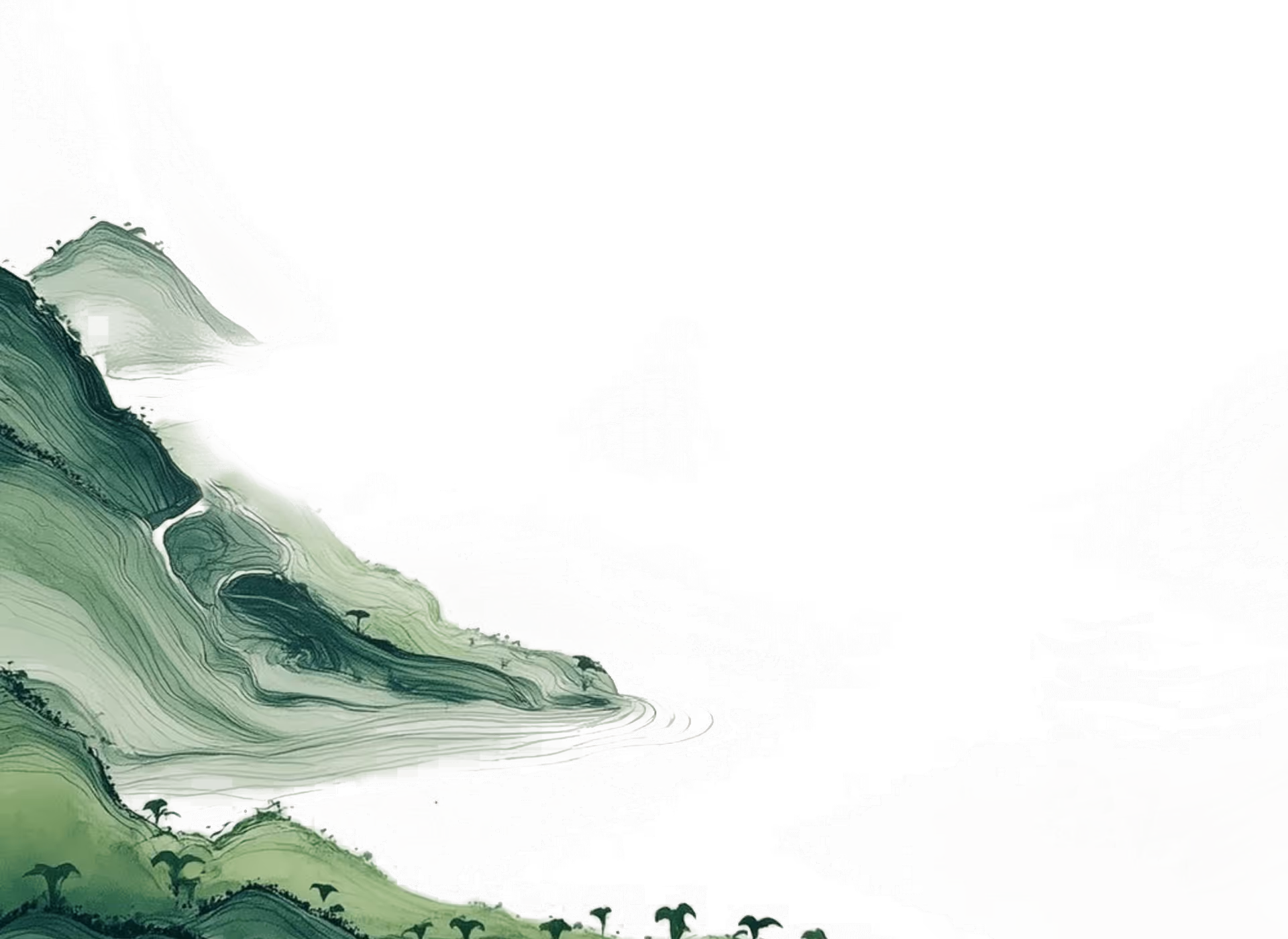 Abstract green and black ink painting of mountains with layered textures and silhouettes of trees.