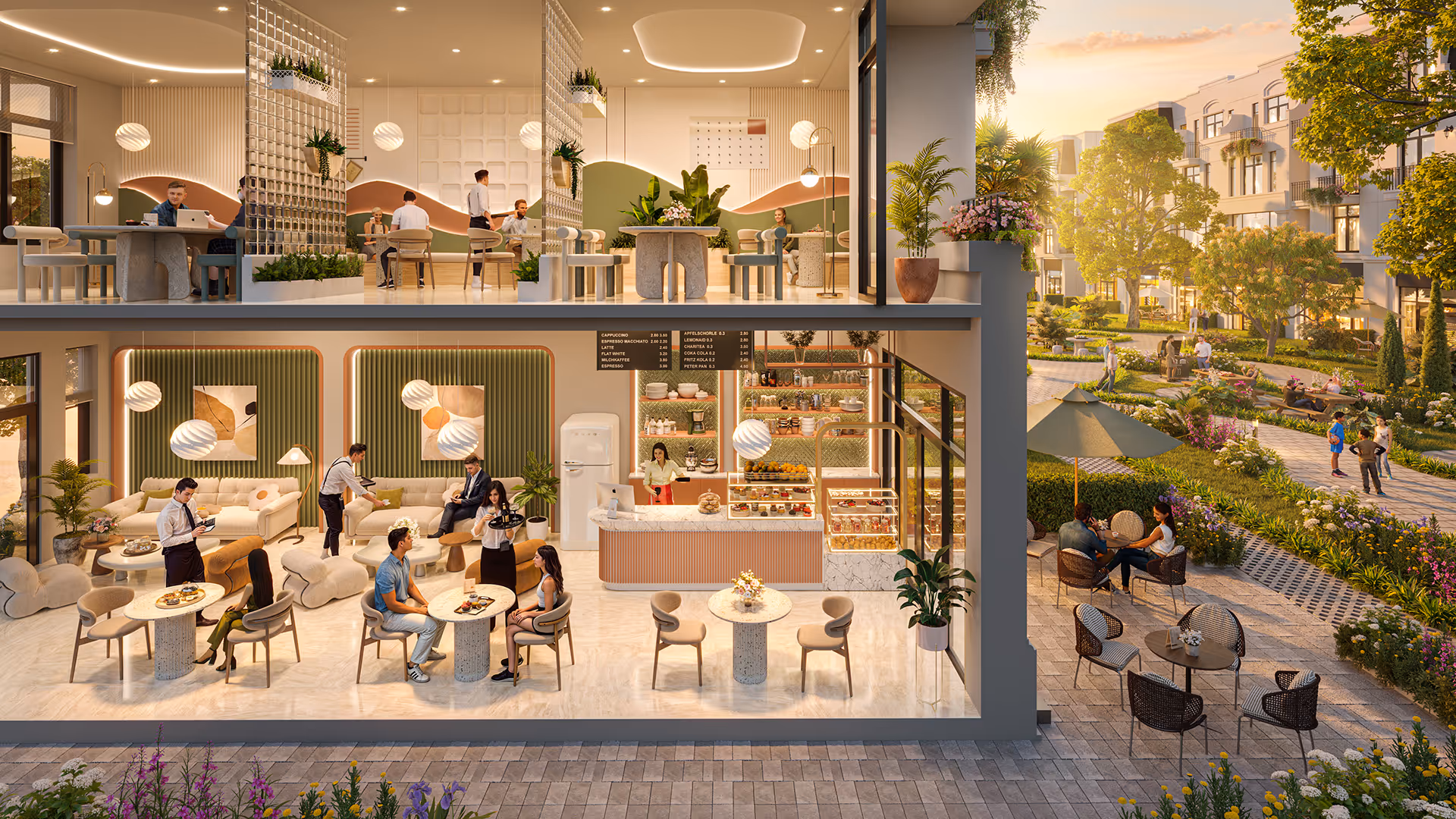 Modern two-story cafe with people enjoying coffee inside and outside, adjacent to a lush residential garden area during sunset.