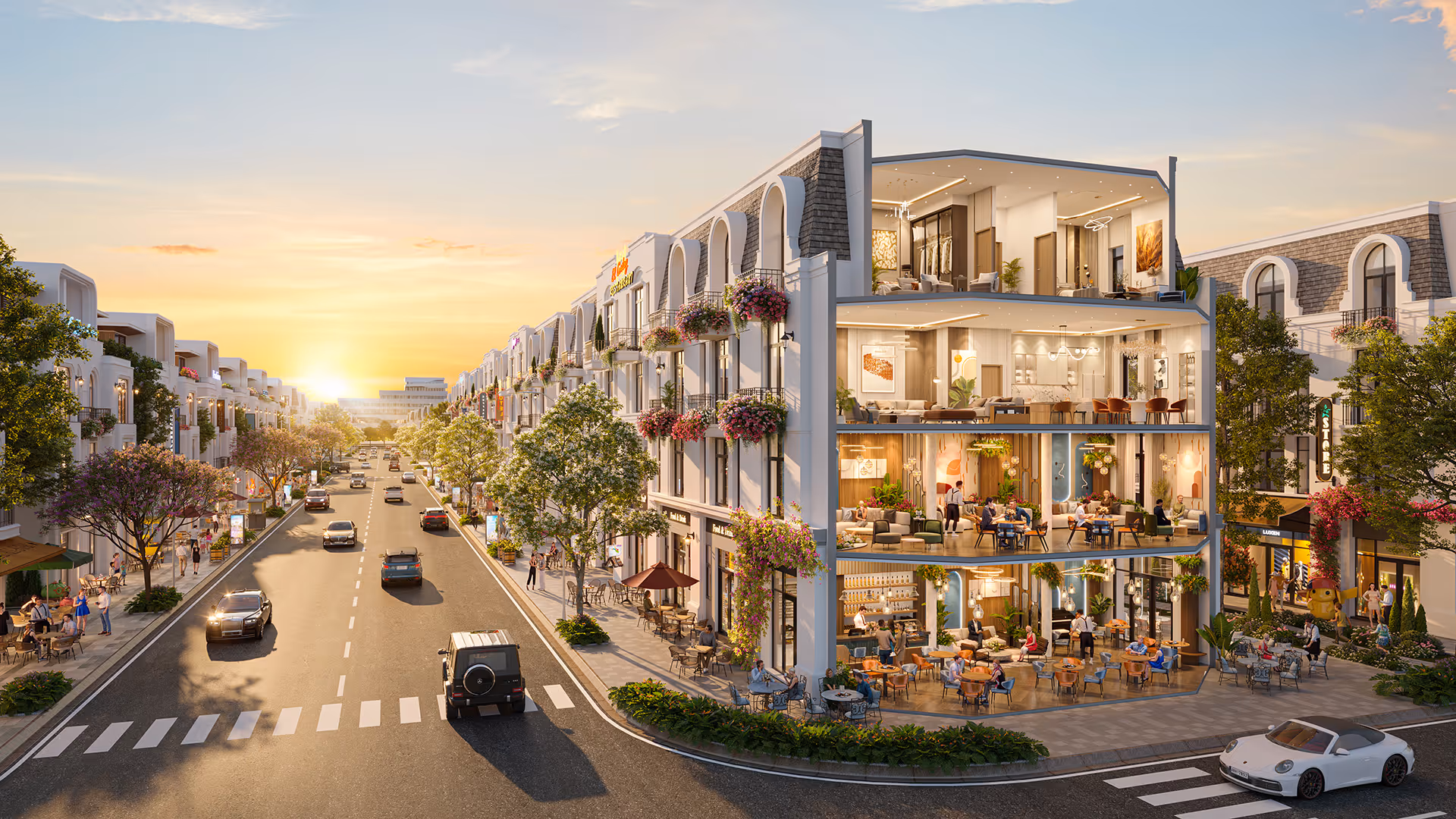 Sunset view of a vibrant urban street with modern townhouses, trees, outdoor cafes, and a cutaway of a multi-story building showing detailed interiors of living, dining, and retail spaces filled with people.