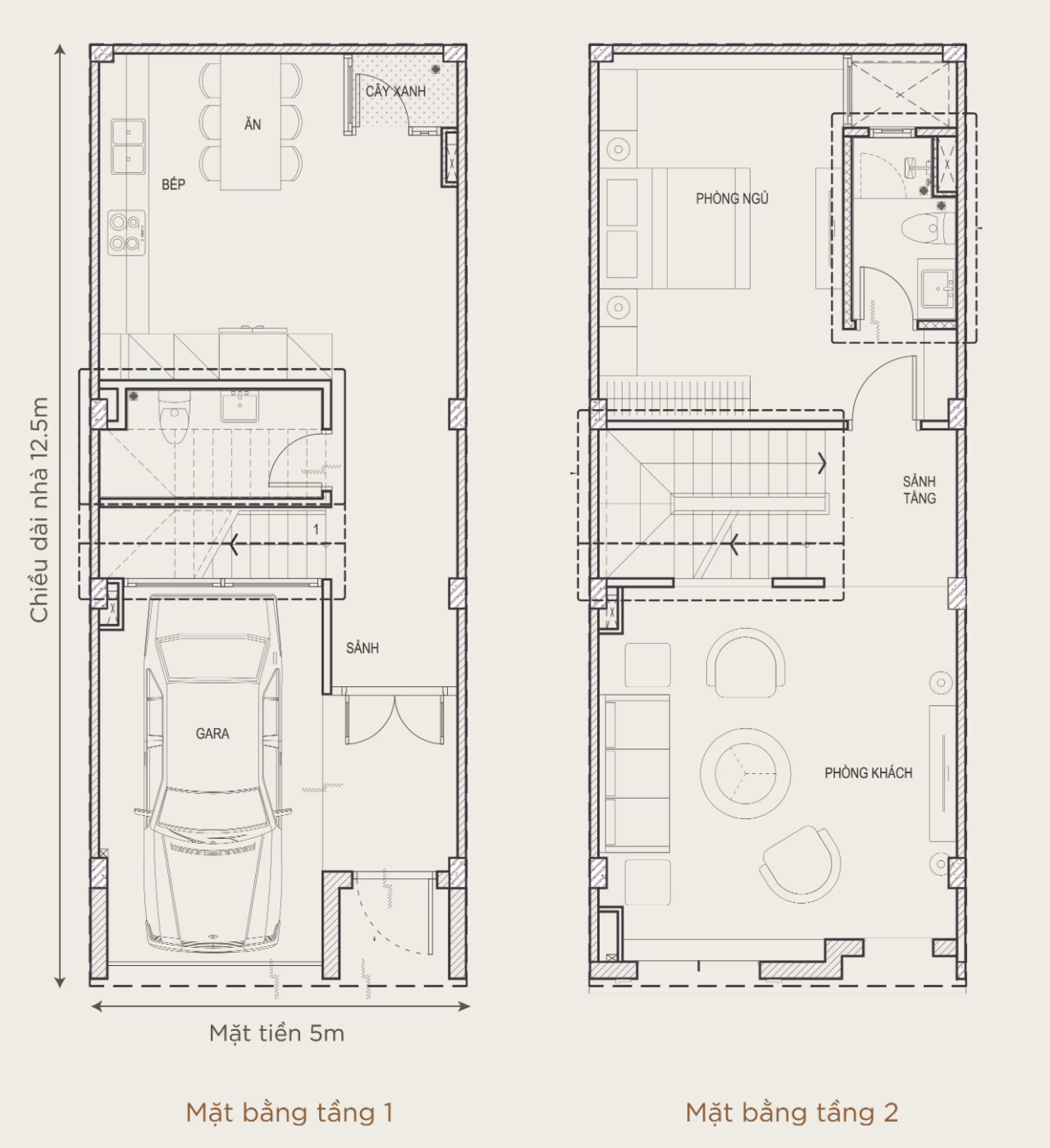 Architectural floor plans showing the layout for two floors: first floor with garage, kitchen, dining area, and green space; second floor with bedroom, bathroom, and living room.