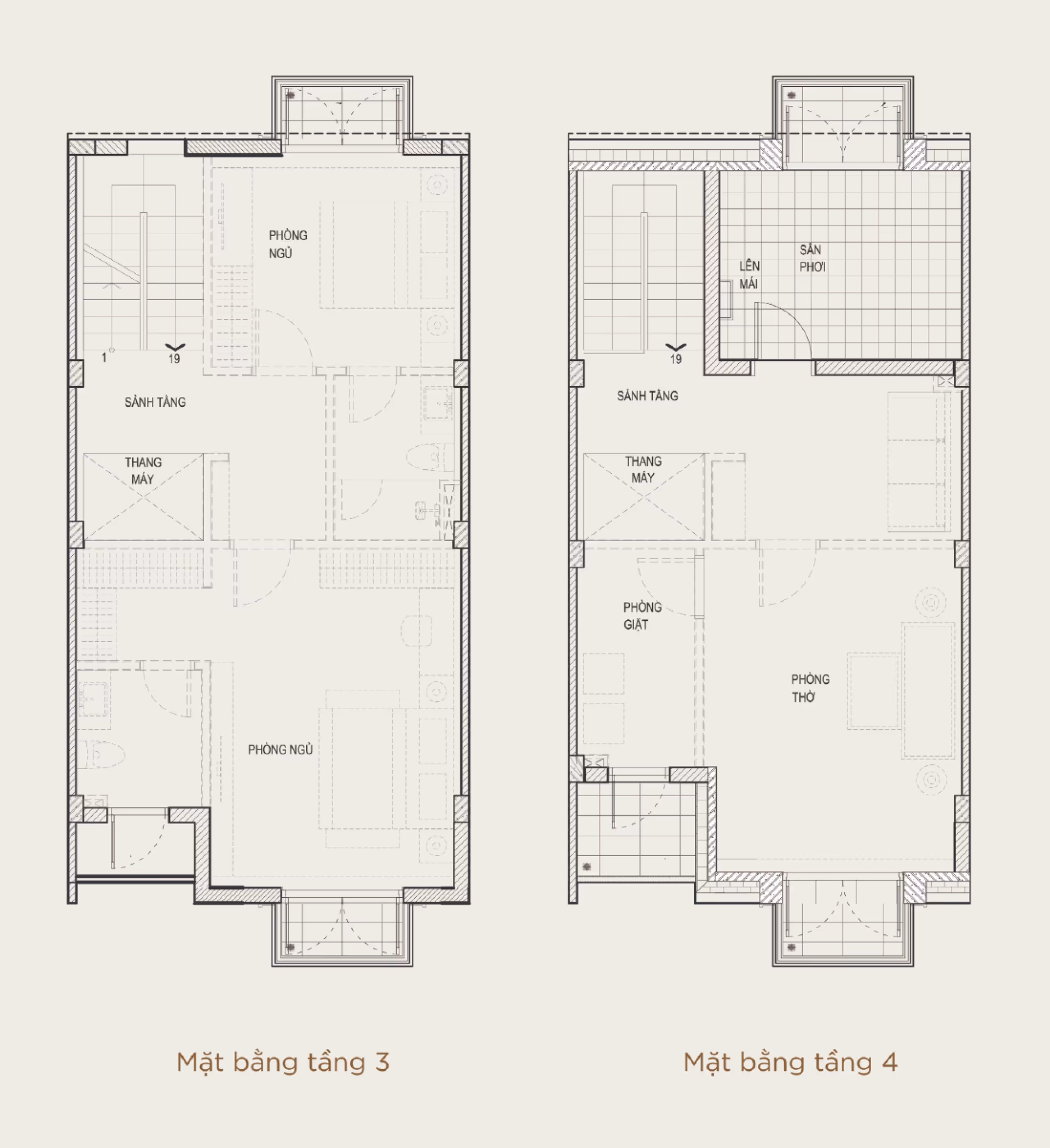Architectural floor plans for the third and fourth floors, showing bedrooms, utility rooms, staircases, and balconies labeled in Vietnamese.