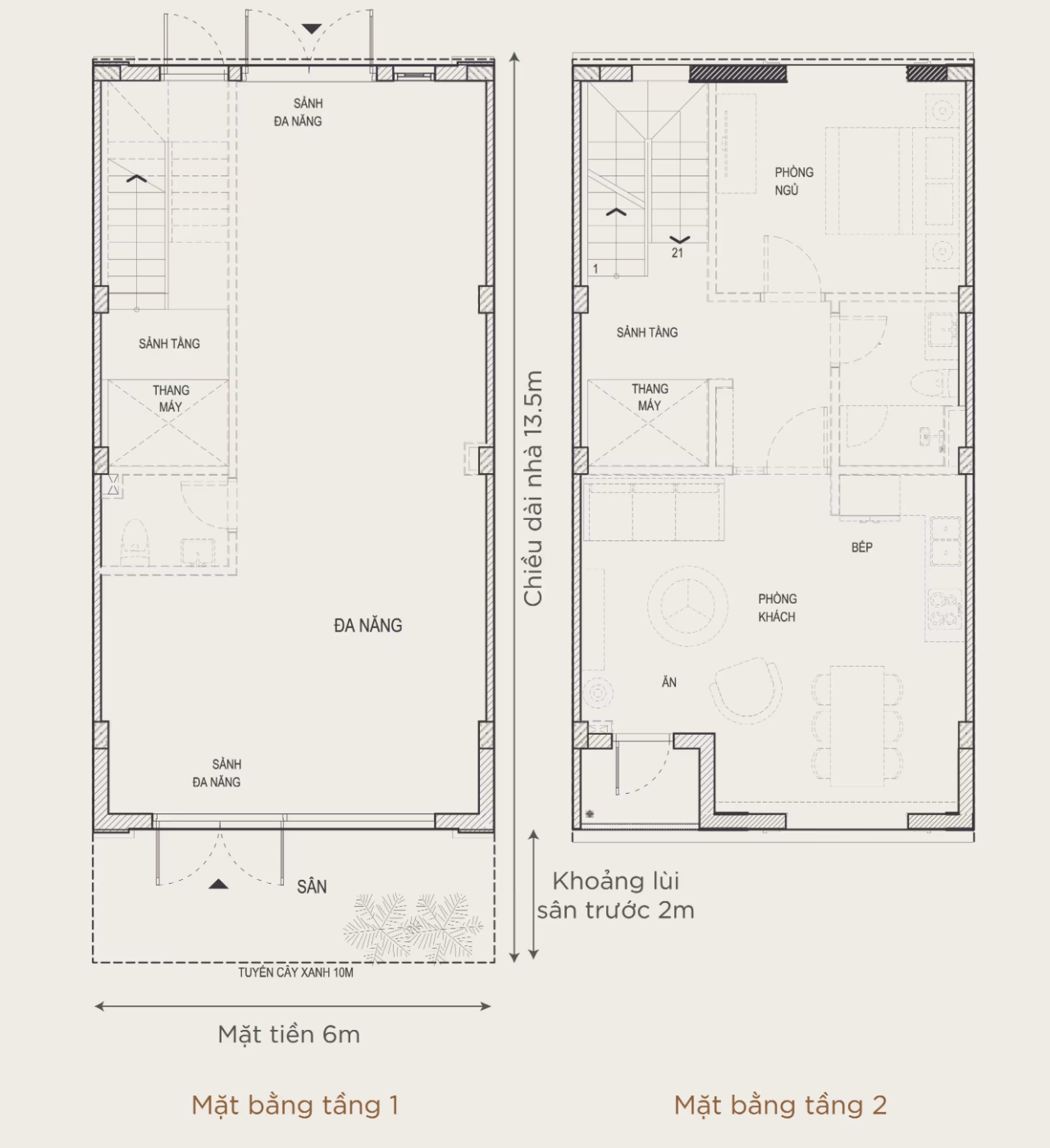 Architectural floor plans showing a versatile open space and entrance yard on the first floor, and a living room, kitchen, dining area, bedroom, and bathroom on the second floor of a 6m by 13.5m house.