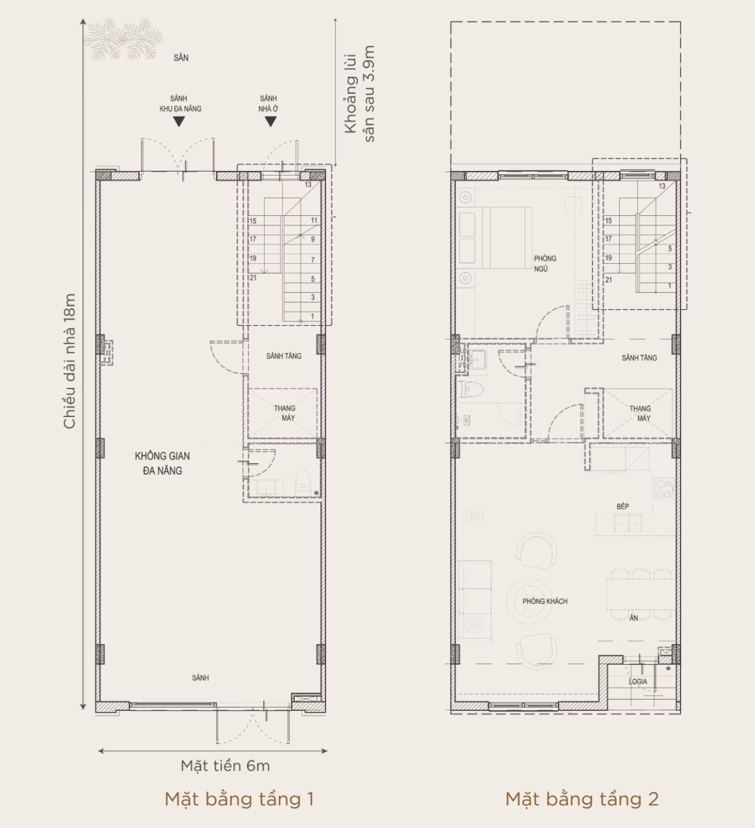 Architectural floor plans of a two-story house showing multifunctional space and entrance on the first floor, and a bedroom, living room, kitchen, dining area, bathroom, and loggia on the second floor.