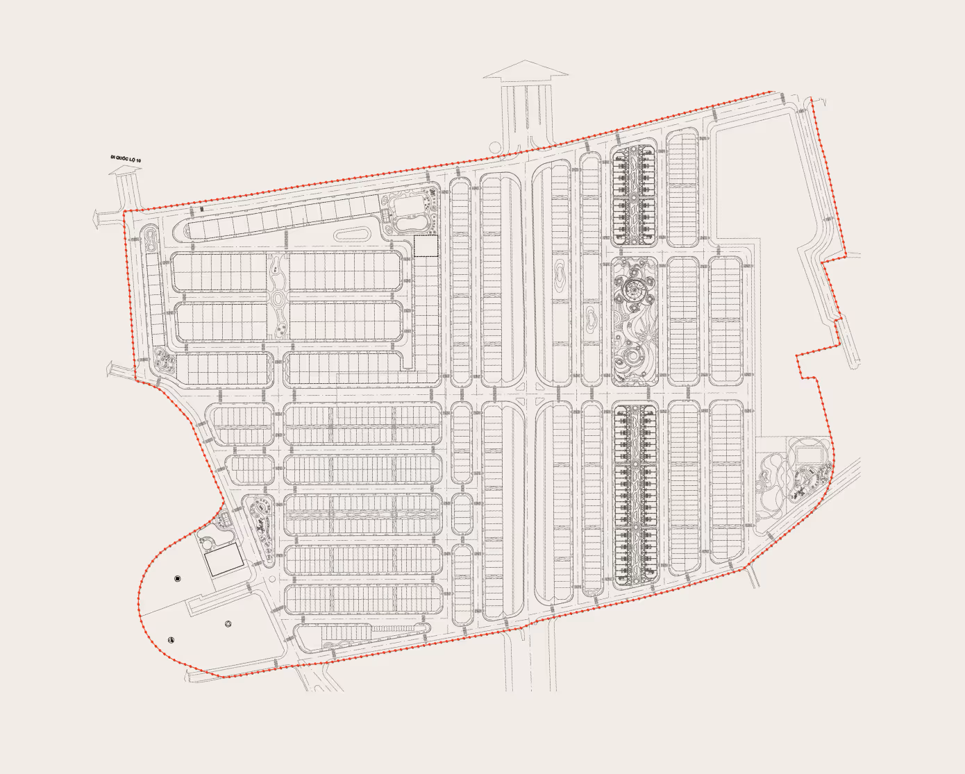 Architectural site plan showing a large, subdivided area with multiple rectangular plots, roads, pathways, and green landscaped sections within a red dotted boundary.