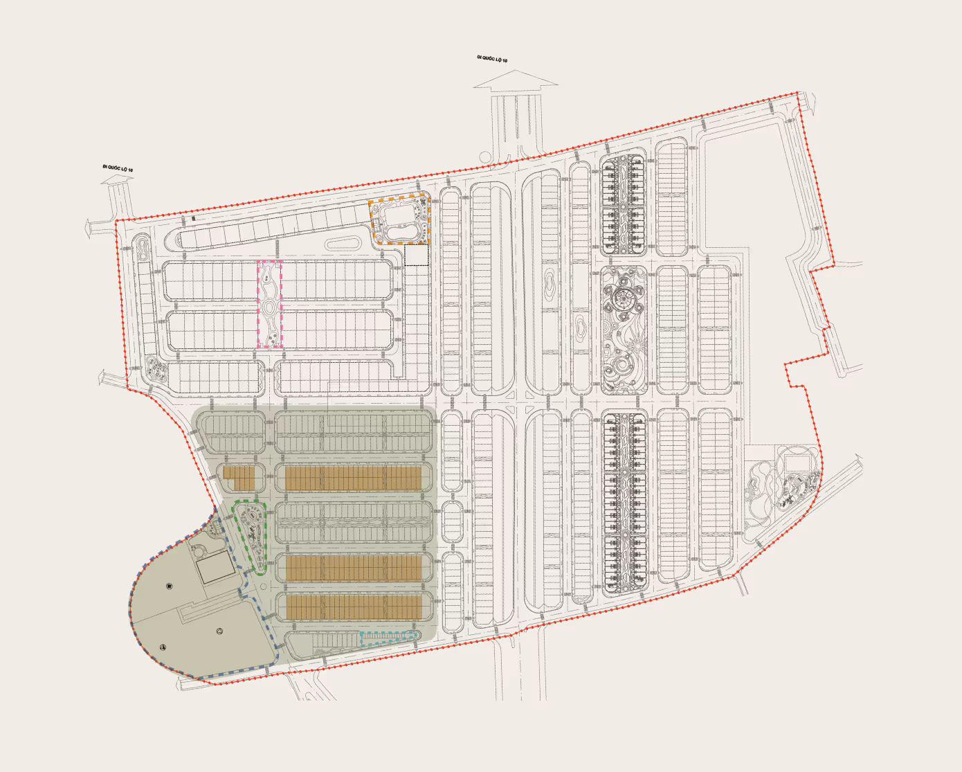 Architectural site plan illustrating a large development with color-coded sections and pathways outlined within red boundary lines.