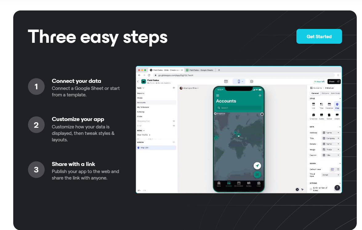 Glide 3 step of using No code tools: connect your data, customize your app, share with a link