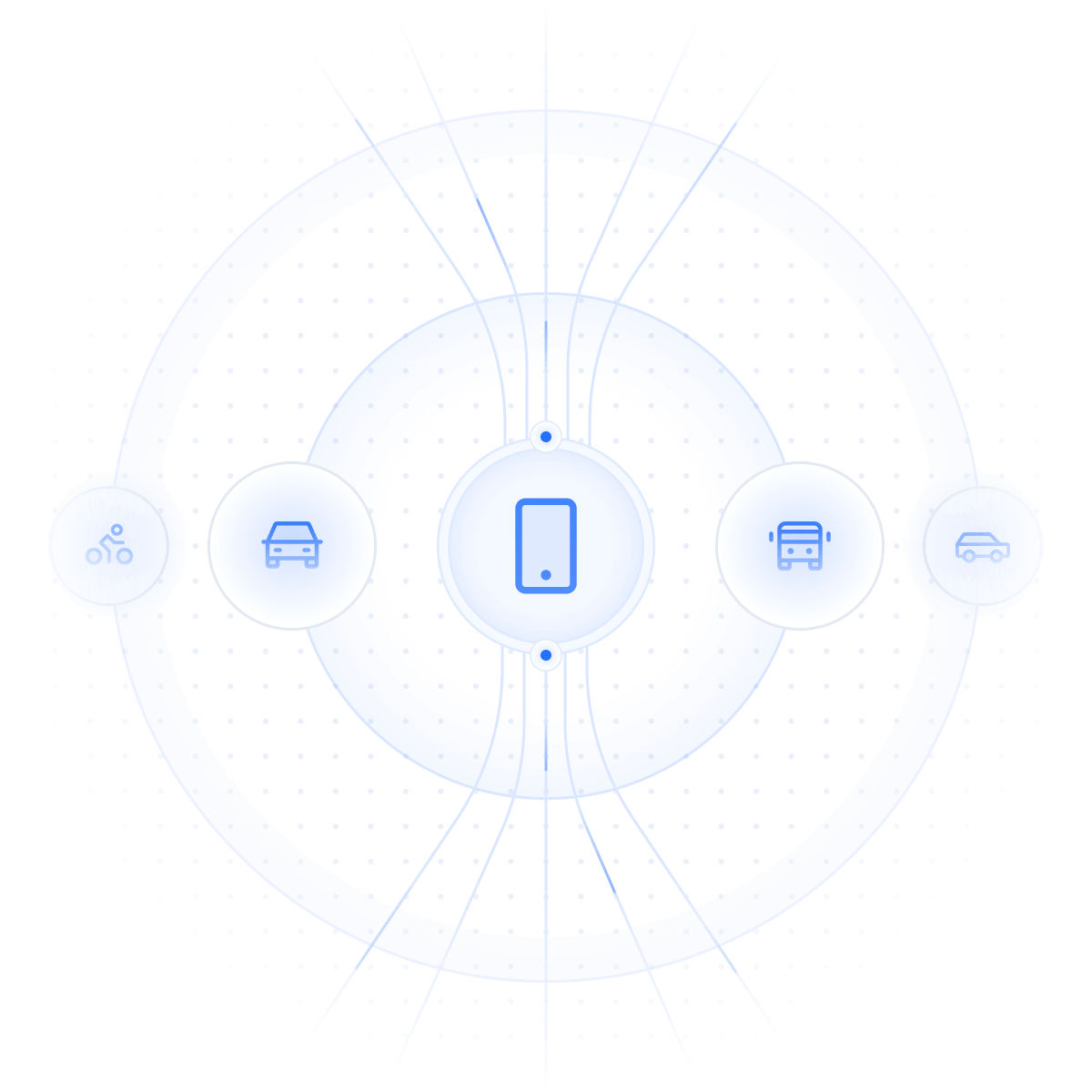 Circular network illustration showing vehicles and a mobile device, representing demand responsive transport