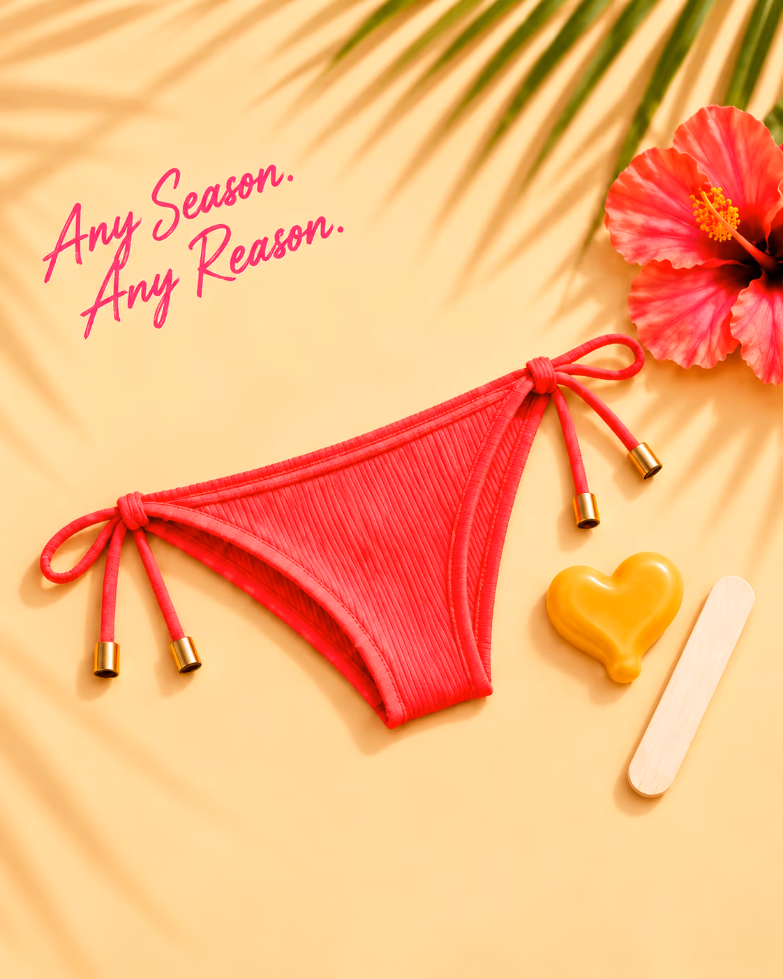 Coral bikini, golden wax heart and hibiscus