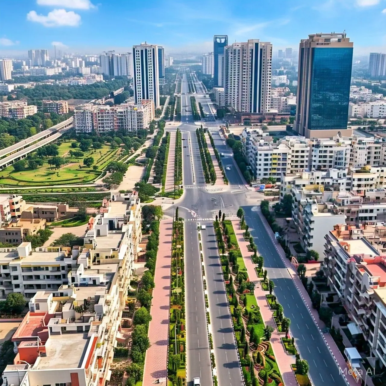 Panoramic view showcasing the planned infrastructure and green spaces characteristic of Greater Noida real estate.