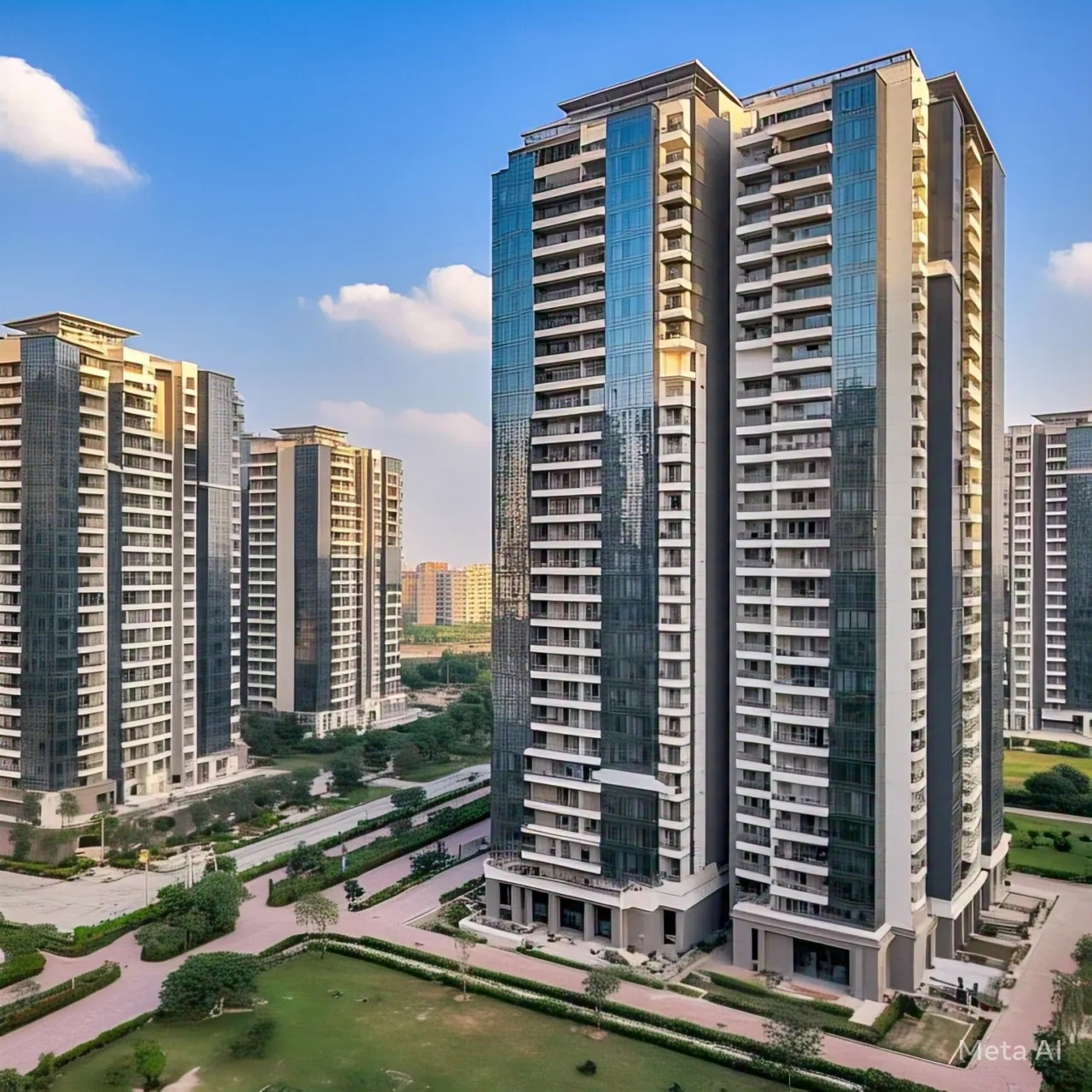 Panoramic view of modern high-rise apartment buildings in Noida Extension (Greater Noida West) under a clear sky, representing the real estate landscape.
