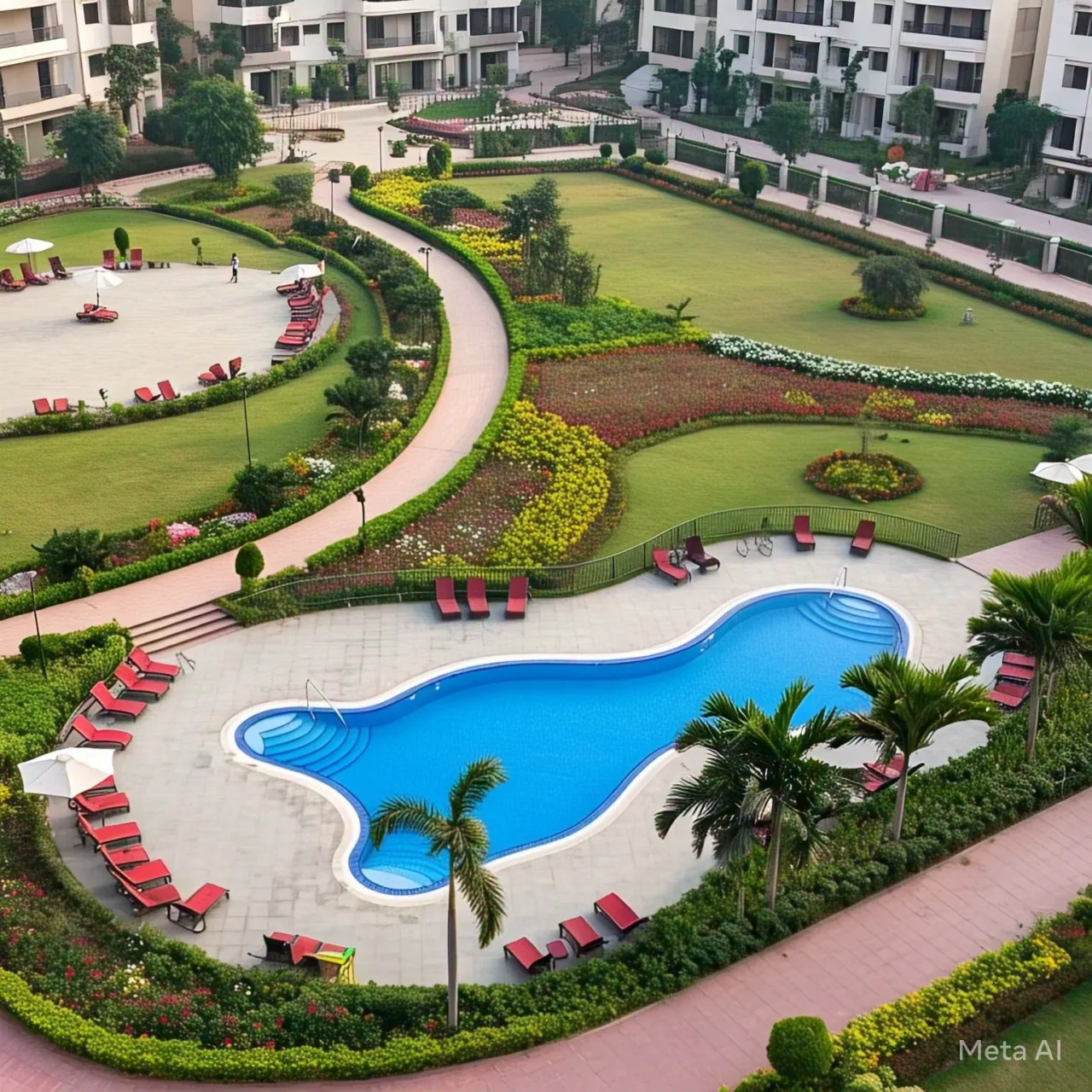 A photograph showcasing positive amenities like a well-maintained park or swimming pool within a Noida Extension residential complex.