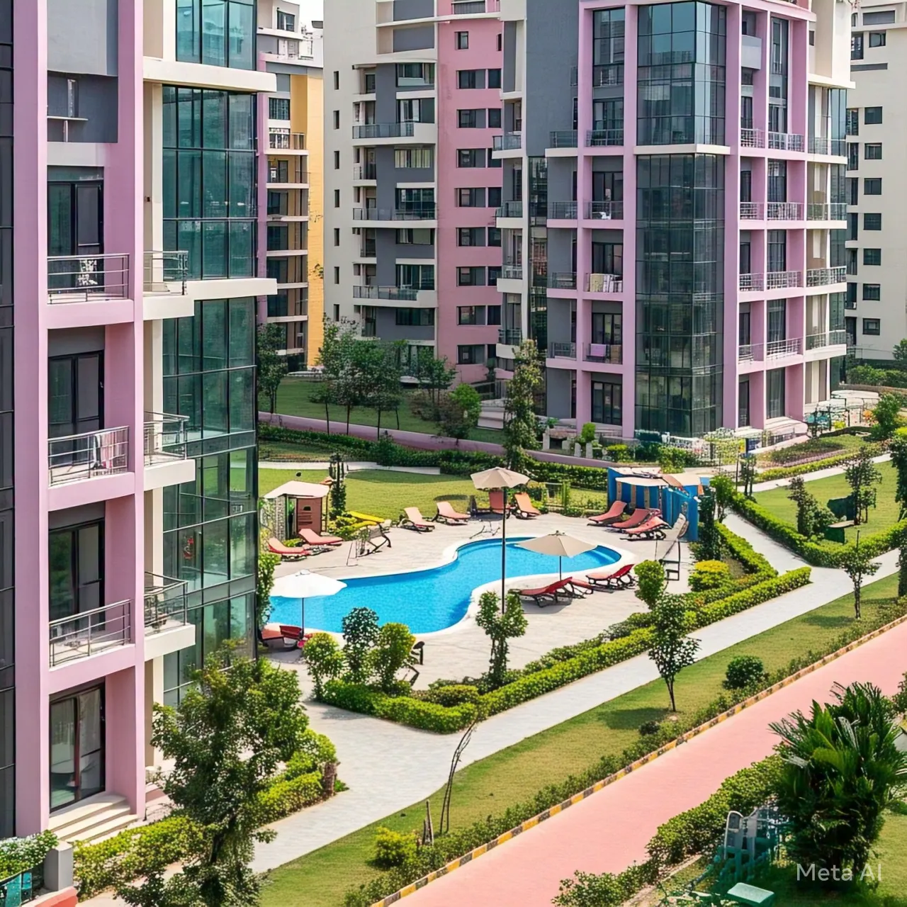 A modern residential society in Greater Noida West featuring contemporary architecture and lifestyle amenities.