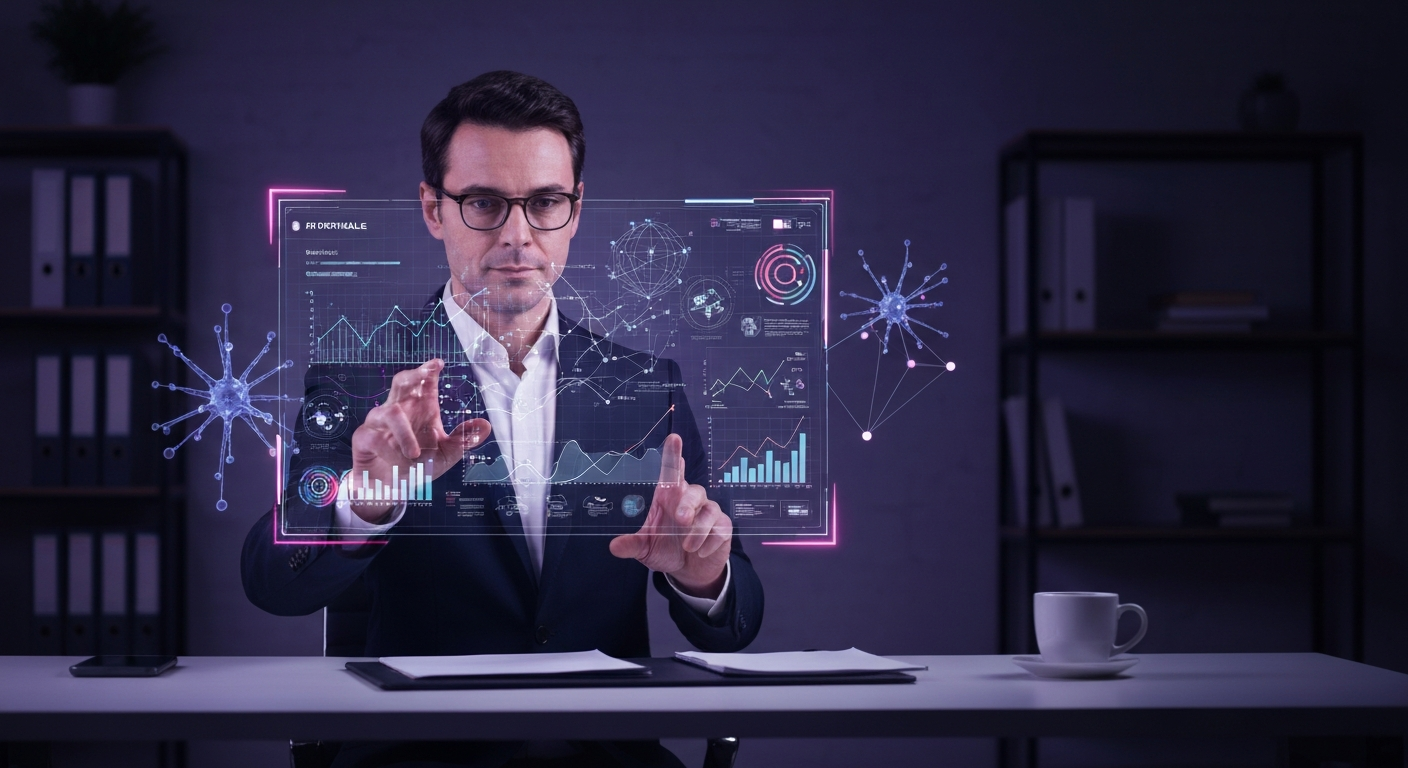 Illustration d’un agent d’intelligence artificielle dédié au CRM, tenant un guide complet pour booster la relation client grâce à l’automatisation, la personnalisation et l’analyse des données