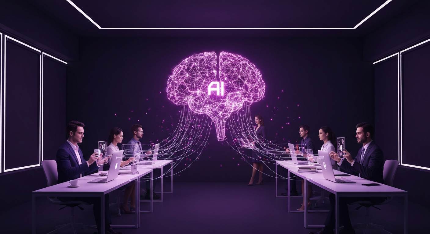 Illustration d’un agent d’intelligence artificielle dédié au CRM, tenant un guide complet pour booster la relation client grâce à l’automatisation, la personnalisation et l’analyse des données