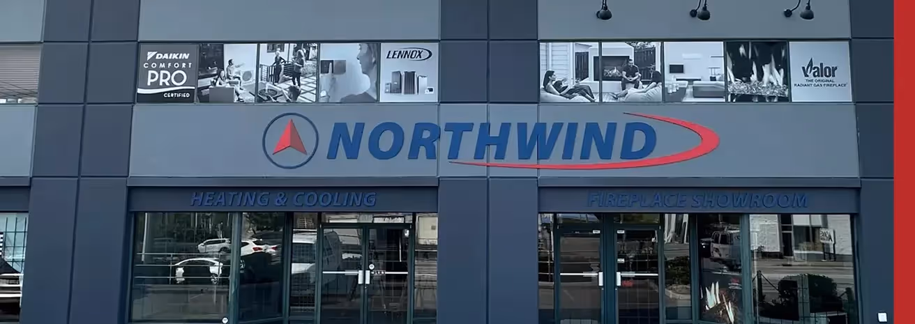 Northwind Heating & Cooling storefront with fireplace showroom