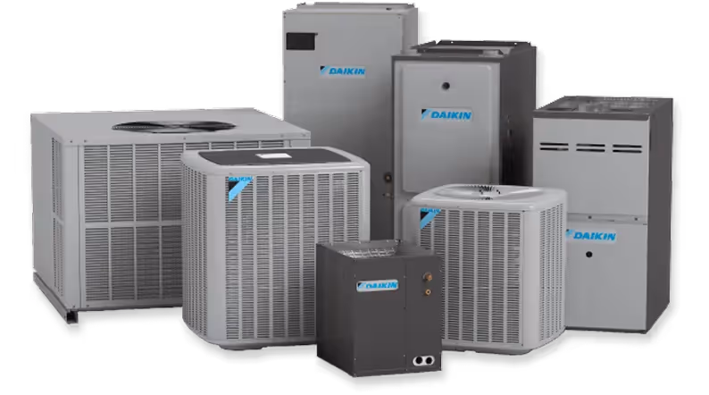 Multiple Daikin HVAC units and air conditioners in various sizes