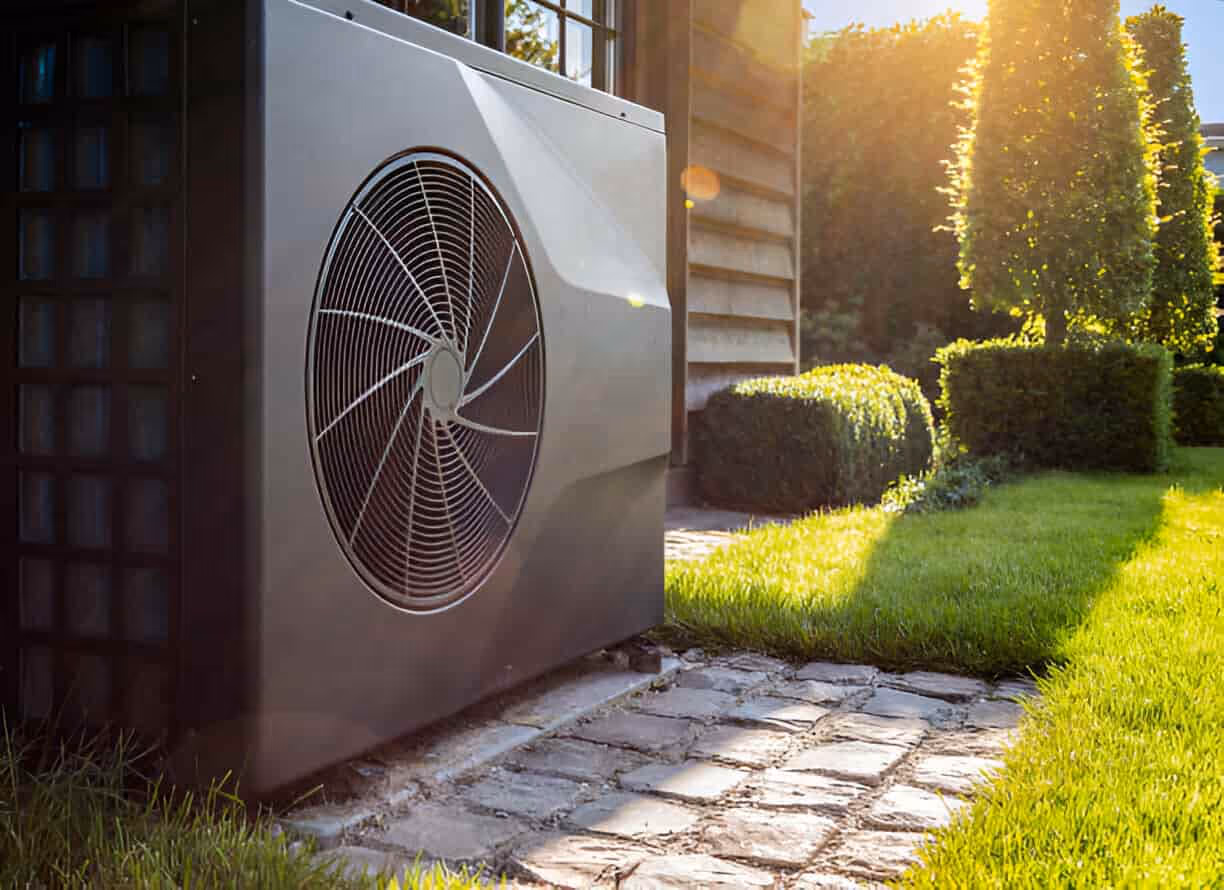 Modern heat pump installed outside home with sunny garden backdrop
