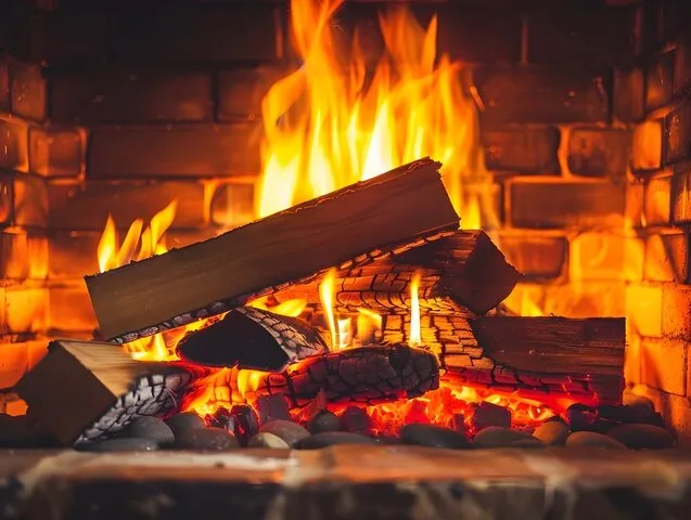 Warm, crackling fire with burning logs against brick fireplace background