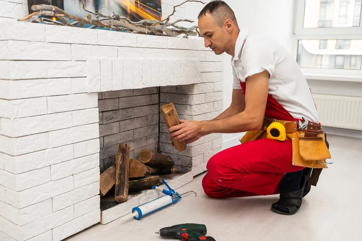 Worker in red pants repairs fireplace with tools and utility belt