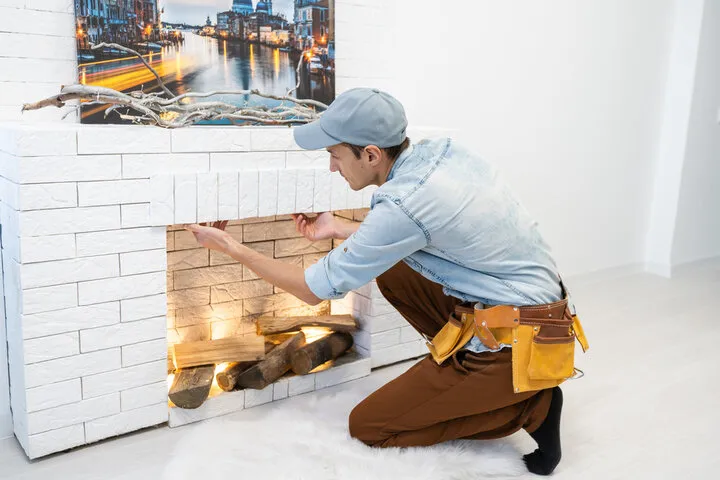 Worker installing white brick wall near decorative wood logs and artwork