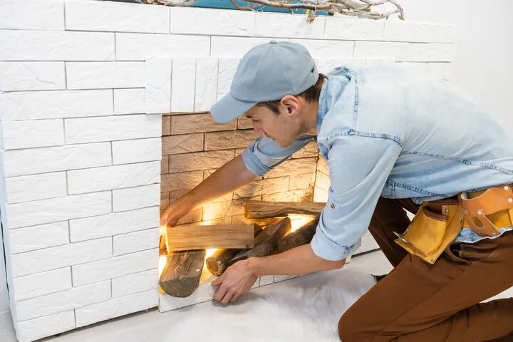Worker in denim and cap installing stone tile on brick wall