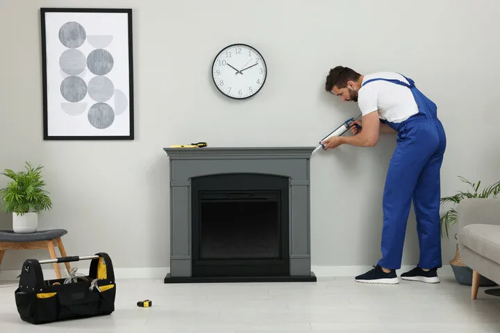 Worker in blue overalls installing or repairing fireplace mantel