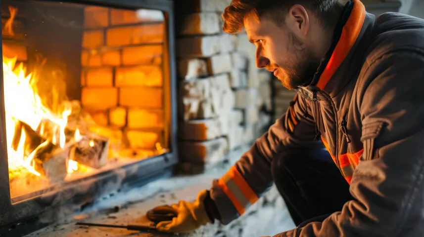 Worker in protective gloves tends to industrial furnace with bright flames