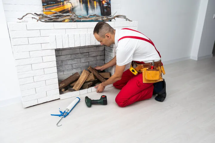 Worker installing tile around white brick fireplace with tools nearby