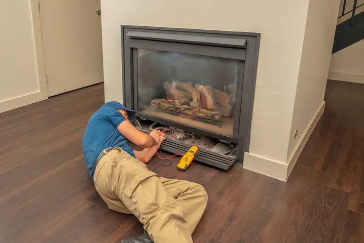 Person fixing gas fireplace with yellow tool on wooden floor