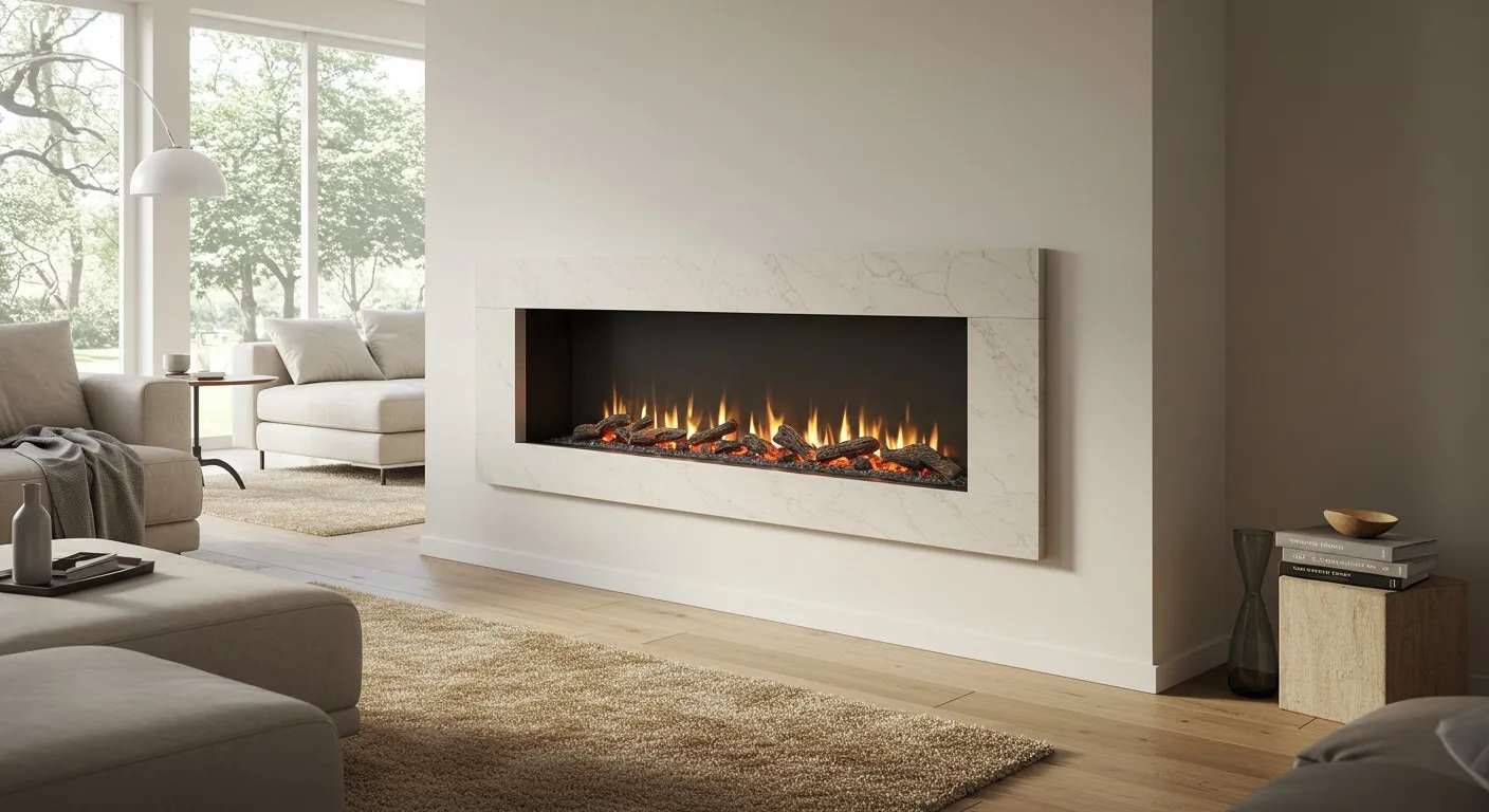 Modern living room with white marble linear fireplace and warm flames