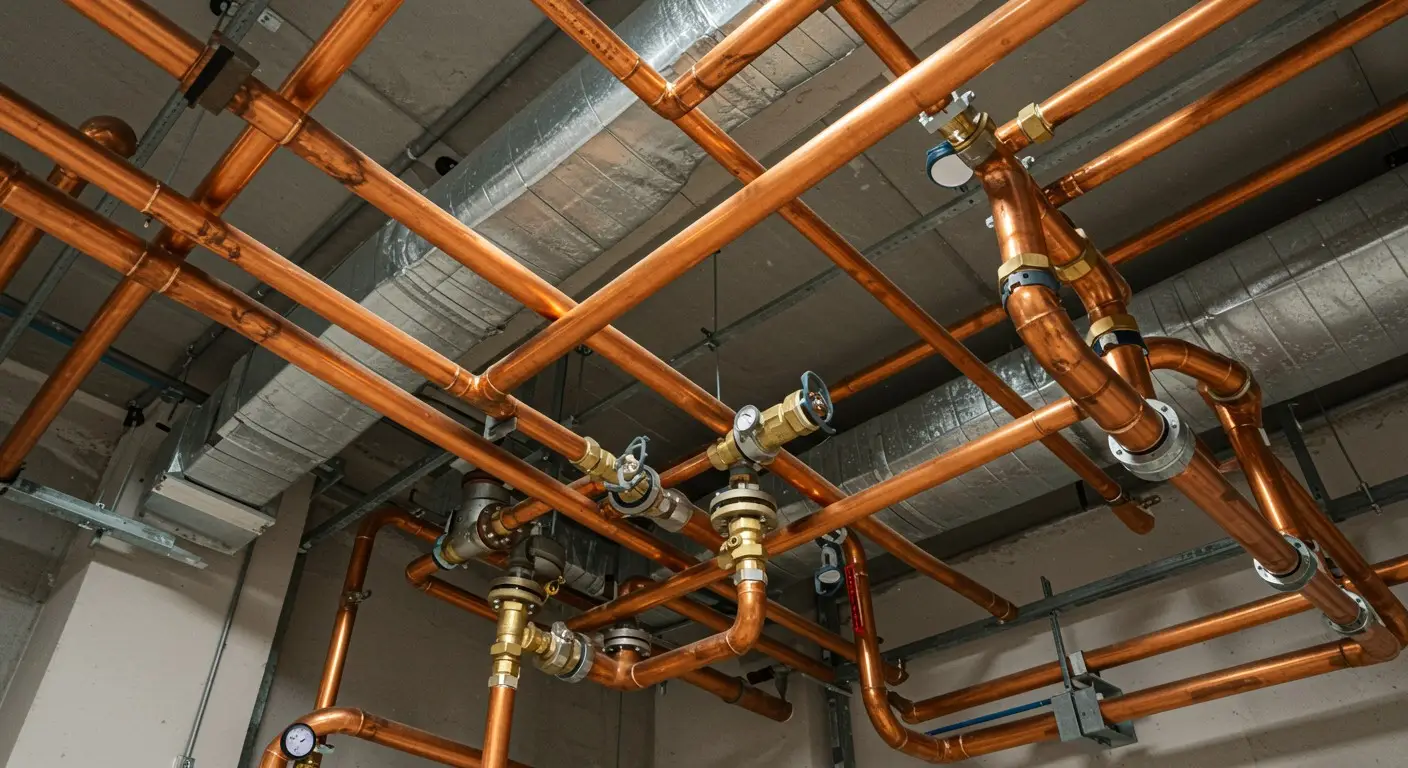 Complex network of copper pipes and valves in industrial mechanical room