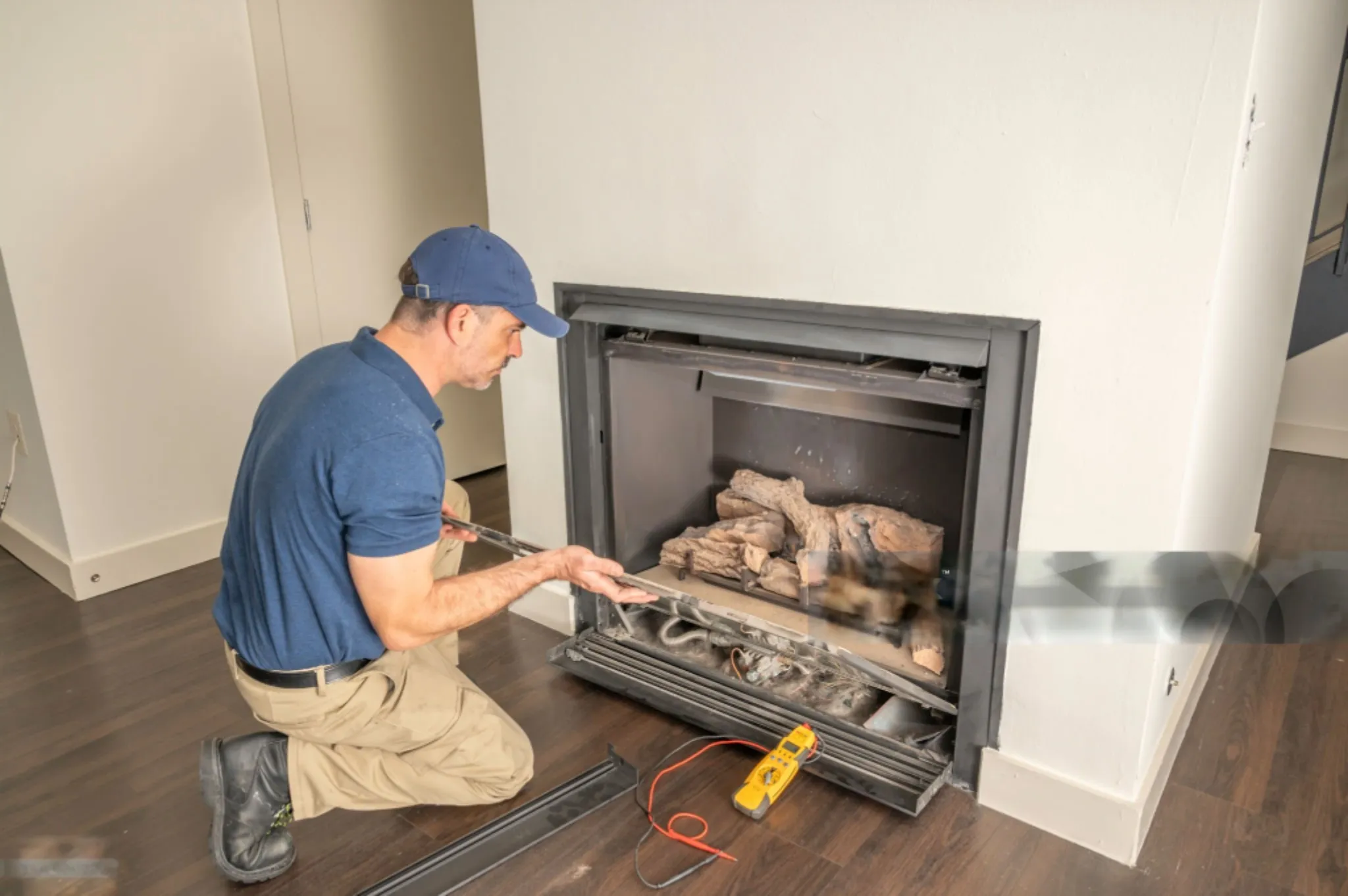 Technician inspecting and servicing a gas fireplace with diagnostic tool