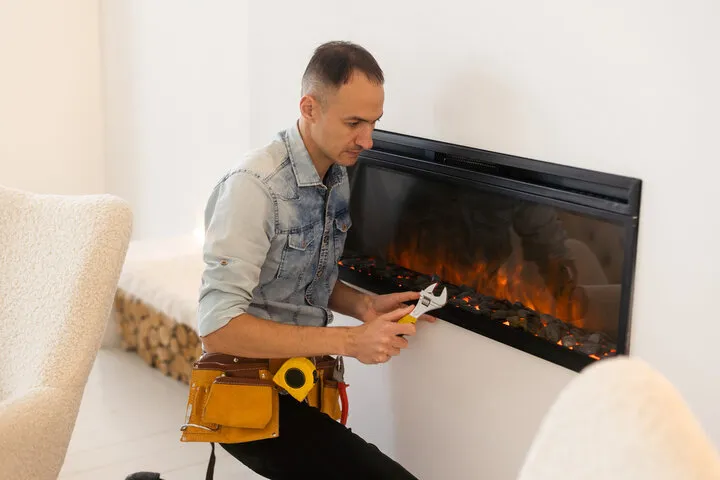 Technician in denim and tool belt fixing electric fireplace near cozy interior