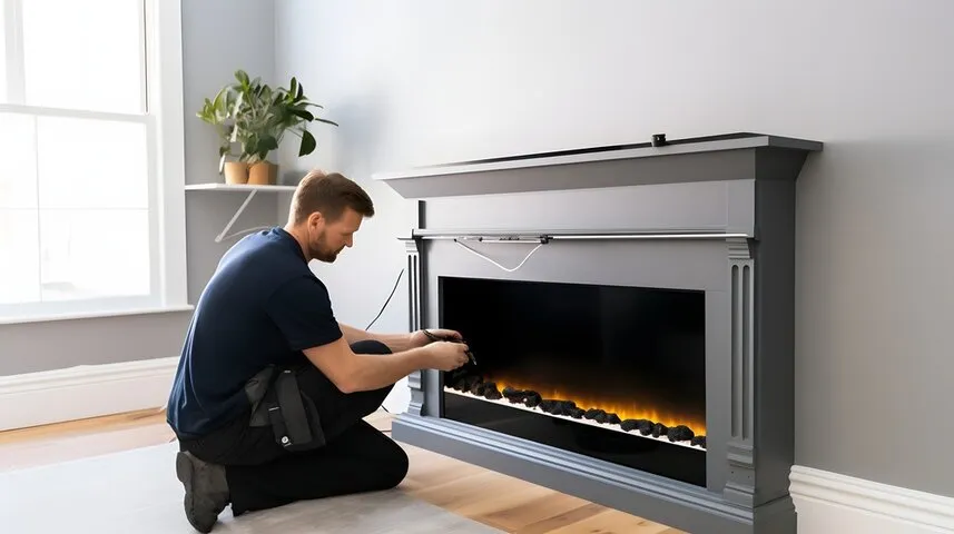 Technician installing or repairing a modern electric fireplace at home