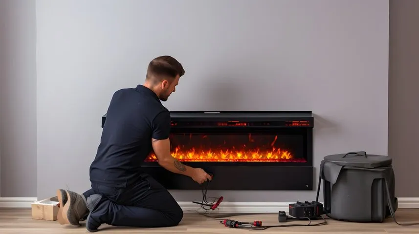 Technician installing or repairing an electric fireplace with tools nearby
