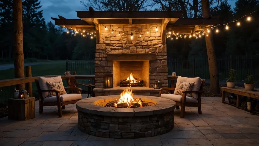 Cozy outdoor patio with stone fireplace and fire pit at dusk