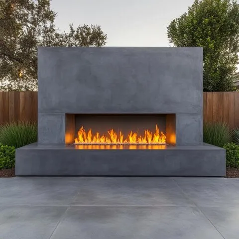 Modern outdoor fireplace with bright flames against gray concrete wall