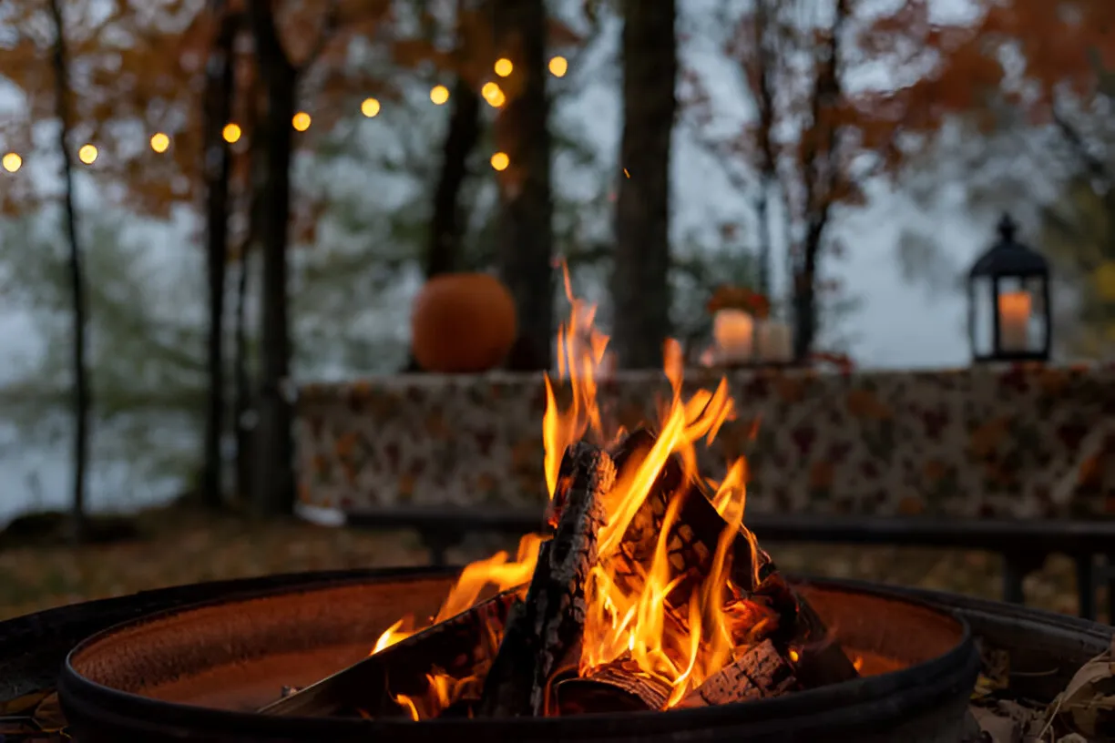 Cozy autumn campfire with string lights, pumpkin, and lantern in woods