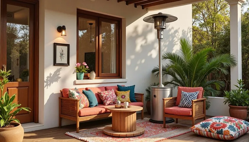 Cozy outdoor patio with wooden furniture, colorful cushions, and potted plants