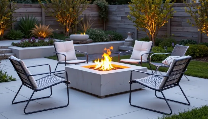Modern outdoor patio with fire pit and lounge chairs at dusk