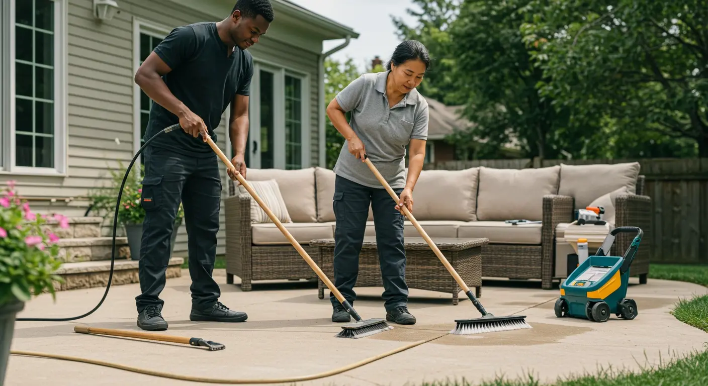 Two people cleaning outdoor patio with brooms and cleaning equipment